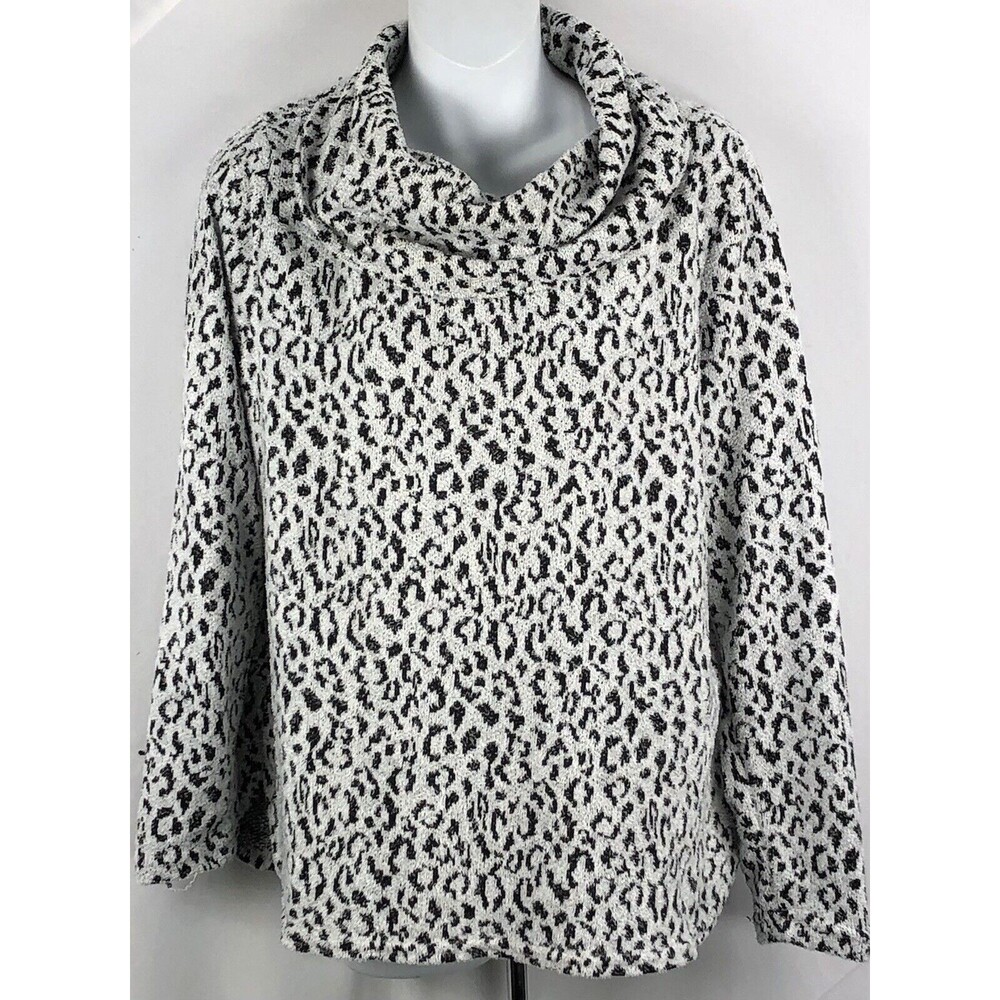 Croft Barrow Fuzzy Cowl Neck Sweater L Wht/Blk Leopard Sherpa Y2K Cozy Cottage